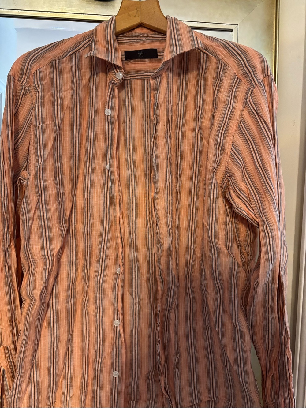 Z Zegna Men's Peach and Gray Striped Linen Button-Down Shirt